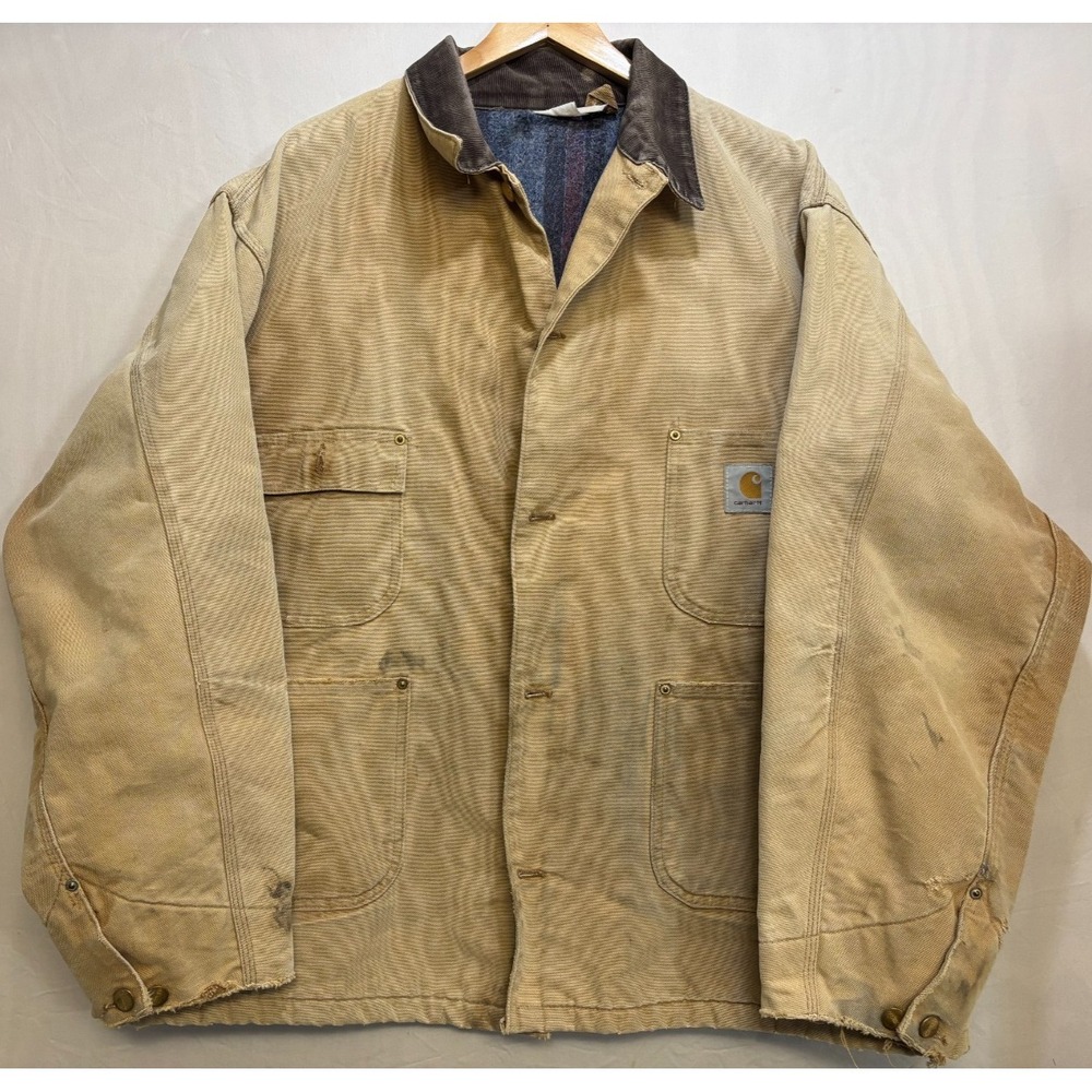 Carhartt Chore Jacket Mens Tan Wool Lined Workwear Pockets Vintage Outdoor 2XL